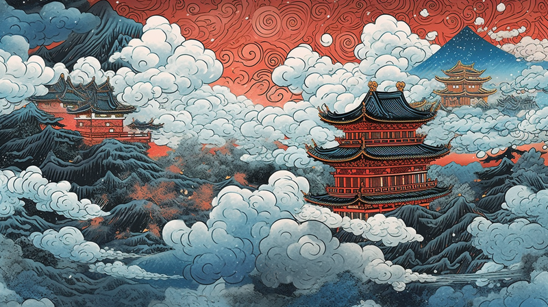 高山云雾古典建筑楼阁手绘插画,插画/手绘图,插画/手绘图库,插画/手绘图下载,插画/手绘